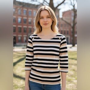 Tommy Hilfiger Striped Scoop Neck with Collar Buttons Long Sleeves Top